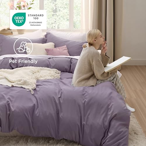 Image of Bedsure Grayish Purple Duvet Cover King Size - 3 Pieces Prewashed Cotton-Like Polyester Extra Soft Bedding Set, Includes 1 Duvet Cover 104x90 Inches with Zipper Closure & 2 Pillow Shams, No Comforter