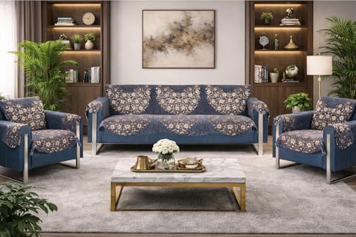 Image of Premium Chenille Woven Anti-Slip 5 Seater Sofa Cover with Armt Rest | L-Shape Sofa Seat Protector for Living Room | Durable & Stylish Slipcover - Grey Phoolkari
