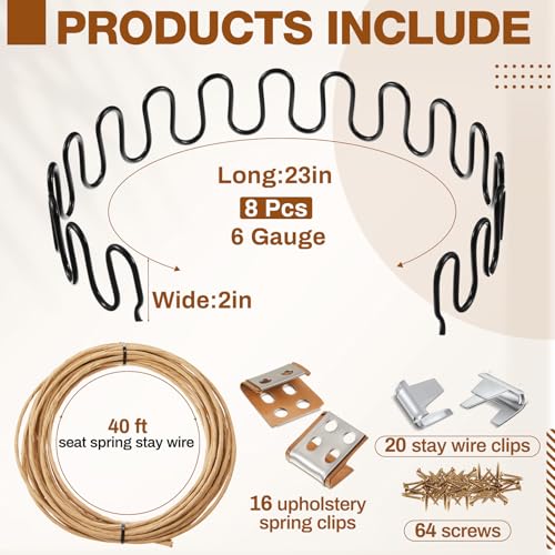 Image of MorningRo 8 Pcs 23 Inch Couch Upholstery Spring Repair Replacement Kit - 8 Heavy-Duty Springs, 16 Spring Clips, 64 Nails, 40ft Steel Stay Wire for Fixing Sagging Cushions in Sofa Recliner Chair