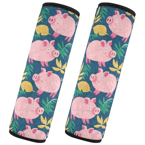 Seat Belt Covers 2 Pack Pink Cartoon Pigs Car Seat Strap Covers Super Soft Colorful Green Leaves Car Seat Neck Cover for Boys Girls Adults Babies S