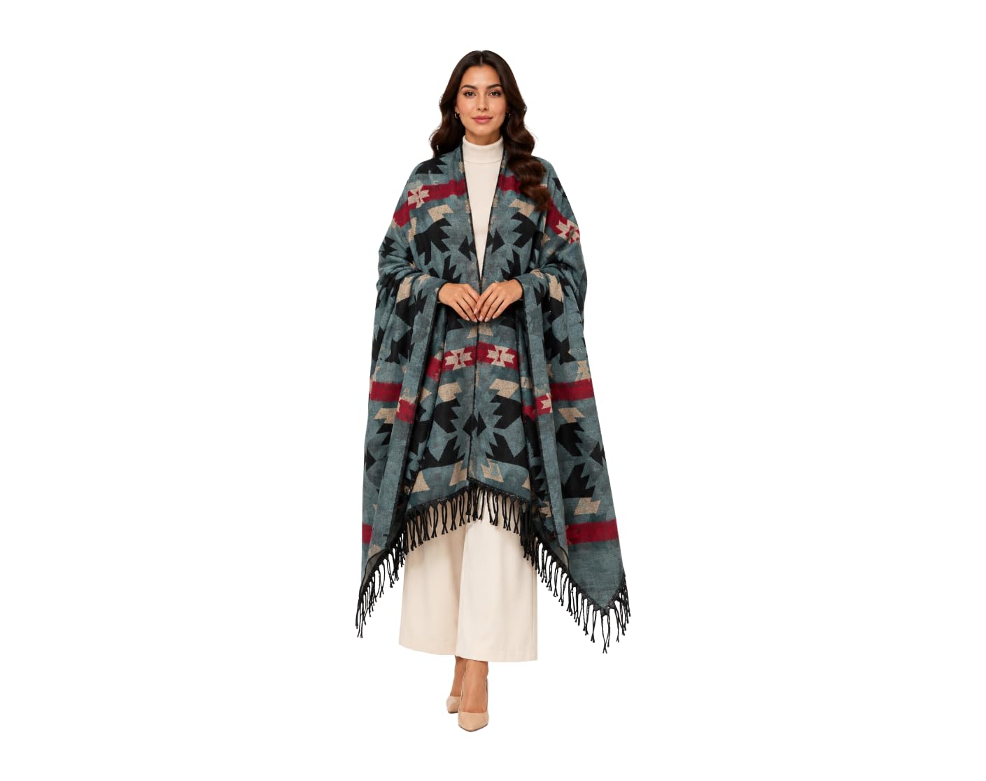 Wool Blend Poncho Shawl for Women | Ethnic Aztec Pattern Winter Wrap | Soft Warm Stole with Tassels | 200 x 90 cm-image-44