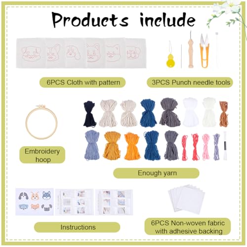 Image of ORIGACH 6 Set Puppy Punch Needle Coasters Kit with Pattern, Adhesive Felts, Yarn, Tools and Instruction Dog Punch Needle Embroidery Kit for Beginners Adults DIY Mug Tufted Rug Making Set