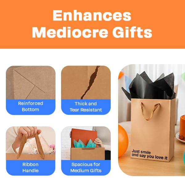 MilkToast Brands Funny Gift Bag, 11" x 8" x 4" Size, Just Smile and Say You Love It, Sarcastic Brown Kraft Paper Bag with Handles, Funny Gift Bag for Birthdays, Mother's Day, Father's Day, Holidays, Office Parties