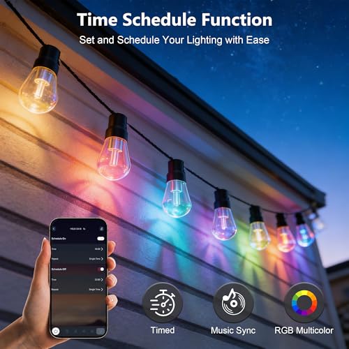 Image of Beizelte Outdoor String Lights, 200FT RGB+IC Outside Light Dimmable Shatterproof LED Bulbs, IP67 Waterproof Chasing Effect Lighting DreamColor Patio Strip Lights for Backyard, Balcony, Outdoor Living