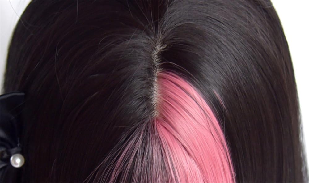 Black Mix Pink Hair Wig Long Straight Wig with Bangs Sweet Cute Lolita Wig for Daily (Black Mix Pink)