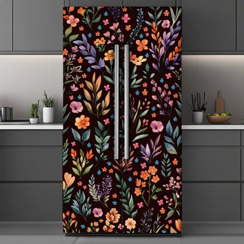 GOMAKERER 2 Pcs Floral Pattern Removable Refrigerator Wraps Self-Adhesive Fridge Door Mural Vinyl Fridges Panel Cover Sticker for Kitchen Bar Decor 16.34x78.74 Inch
