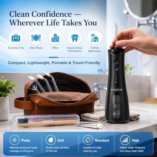 Image of KAMEX Cordless Water Flosser for Teeth Cleaning: Portable Oral Irrigator with 300ML Tank, 5 Jet Tips, 4 Modes, 40-120 PSI, IPX7 Waterproof, Rechargeable Dental Water Pick for Braces & Sensitive Gums