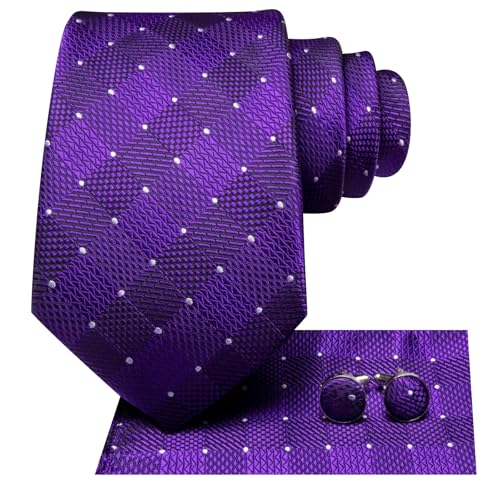 Image of Hi-Tie Mens Plaid Ties Classic Paisley Necktie with Handkerchief Cufflinks Set Business Stripe Tie