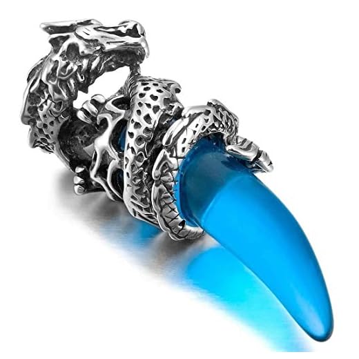 AdorabFruit Présent Pendentif Collar De Cristal Colgante De Acero Inoxidable De Plata Azul del Lobo del Dragón Diente 58cm Cadena Hombre