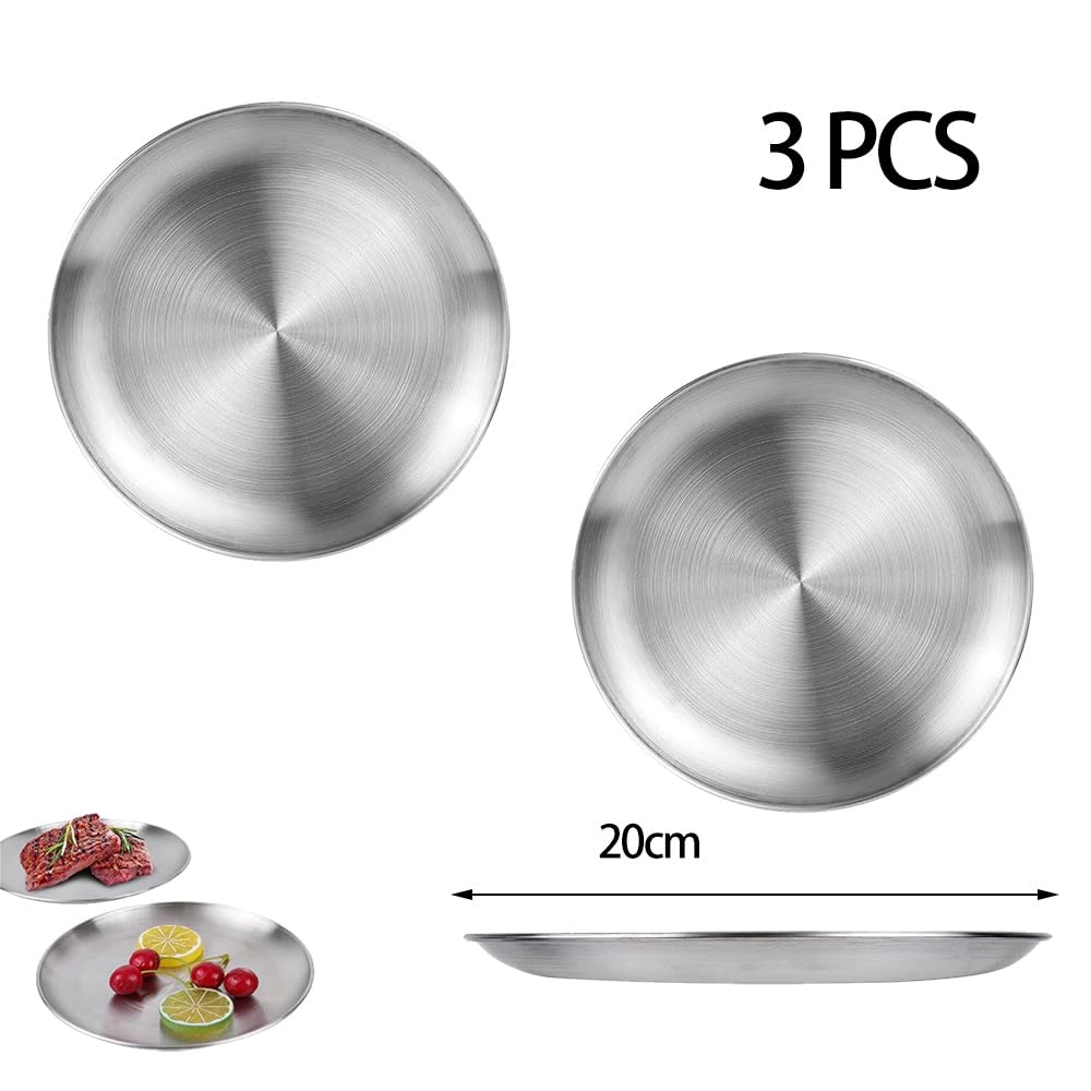 3 Pezzi Piatti Rotonde in Acciaio Inox 20 cm Vassoio Portaoggetti in Metallo Decorativo Rotondo Piastra per Cucina, Sala da Pranzo, Campeggio, Feste