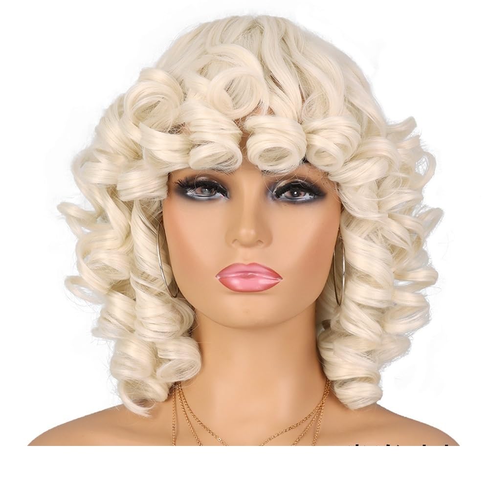 xiuling4568 Short Curly Wig with Bangs for Black Women Soft Big Curly Heat Resistant Natural Looking Synthetic Wigs Hairs Extensions(Platinum Blonde)