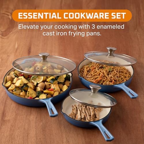 Bruntmor Pre-Seasoned Cast Iron Frying Pan Set - 8, 10, 12 Inch Blue Enamel Nonstick Skillets with Tempered Glass Lid - Oven Safe Egg and Grill Pan Set for Cooking, Searing, and Frying - Thumbnail 3