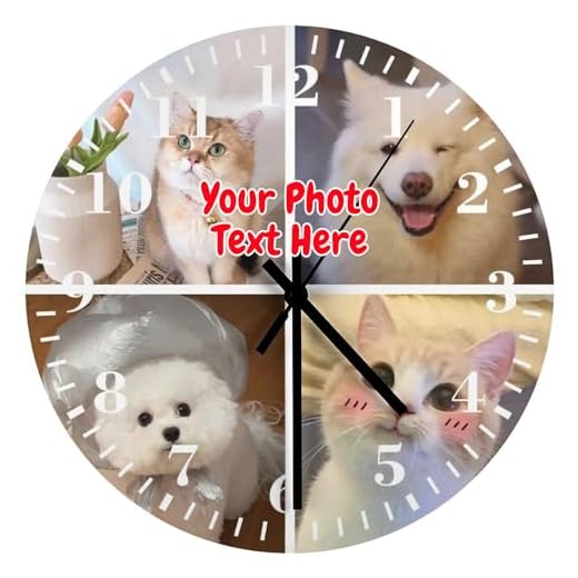 12 Inch Custom Wall Clock,Personalized Clock with 4 Picture Text,Wood Customized Round Silent Photo Clock,Creative Gifts for Wedding Living Room,Dog/Cat Lover