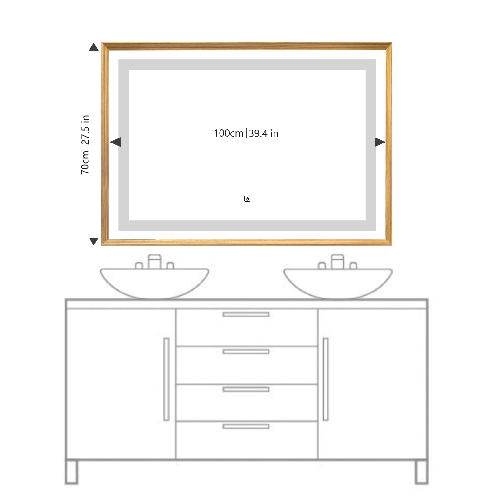 Specchio da parete a LED 70 x 100 cm con cornice in legno – Illuminazione incorporata luce calda o bianca – Pulsante touch, funzione disappannamento e striscia LED impermeabile – ideale per