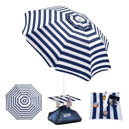 OutdoorMaster Beach Umbrellas for Sand with Sandbag & Anchor, 7.2ft Adjustable Umbrella for Beach Heavy Duty Wind, Portable UPF50+ Sunshade with Carry Bag for Patio, Navy with Cup Holder