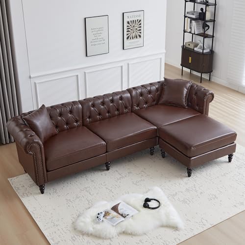 Image of LEVNARY 108 inch L-Shaped Chesterfield Sectional Couch with Movable Ottoman, Upholstered PU Leather 4-Seat Couch with Rolled Arms, Mid-Century Corner Sofa for Living Room Bedroom Office (Dark Brown)