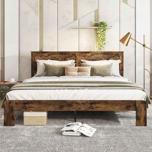 Image of Bellemave Rustic Vintage King Size Bed Frame with Headboard,Wooden Platform Bed Frame King Size with Wood Slats,Easy Assembly,Dark Brown
