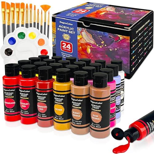 DagouColor 37 PCS Pintura Acrílica - 24 Colores Acrílico (60ml) con 12 Pinceles y 1 paleta, Regalos de Arte para tela Lienzo, Piedra, Acrilicos para Pintar para Artistas, Principiantes