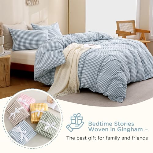 Image of TOCOMOA Blue Gingham Duvet Cover Bedding Set 100% Washed Cotton Like Linen Feel Super Soft Comfy 3 Piece Vintage Plaid Checkered Comforter Cover Set (Oversized Queen 98 inchx98 inch, Comforter Not Included)