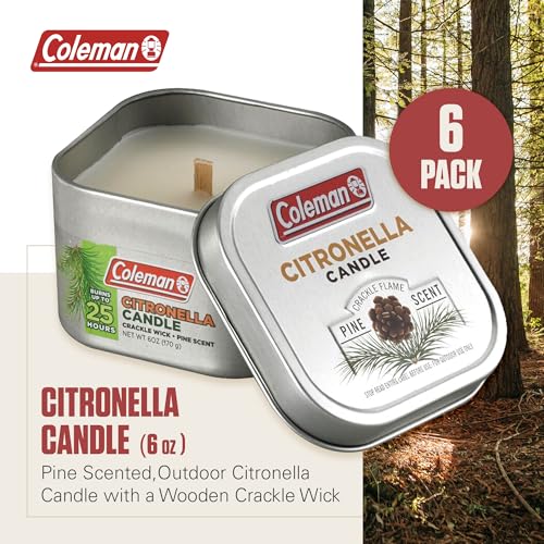 Image of Coleman Scented Outdoor Citronella Candle with Wooden Crackle Wick, Pine Scent, 6 oz (Pack of 6)