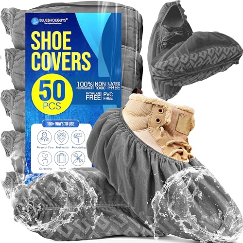 Image of Premium Boot & Shoe Covers Disposable Booties - 50 Pack - Durable, Non-Slip, Non-Toxic, Water Resistant, Recyclable Protectors for Indoor & Outdoor - Large Size Fits Most Shoes