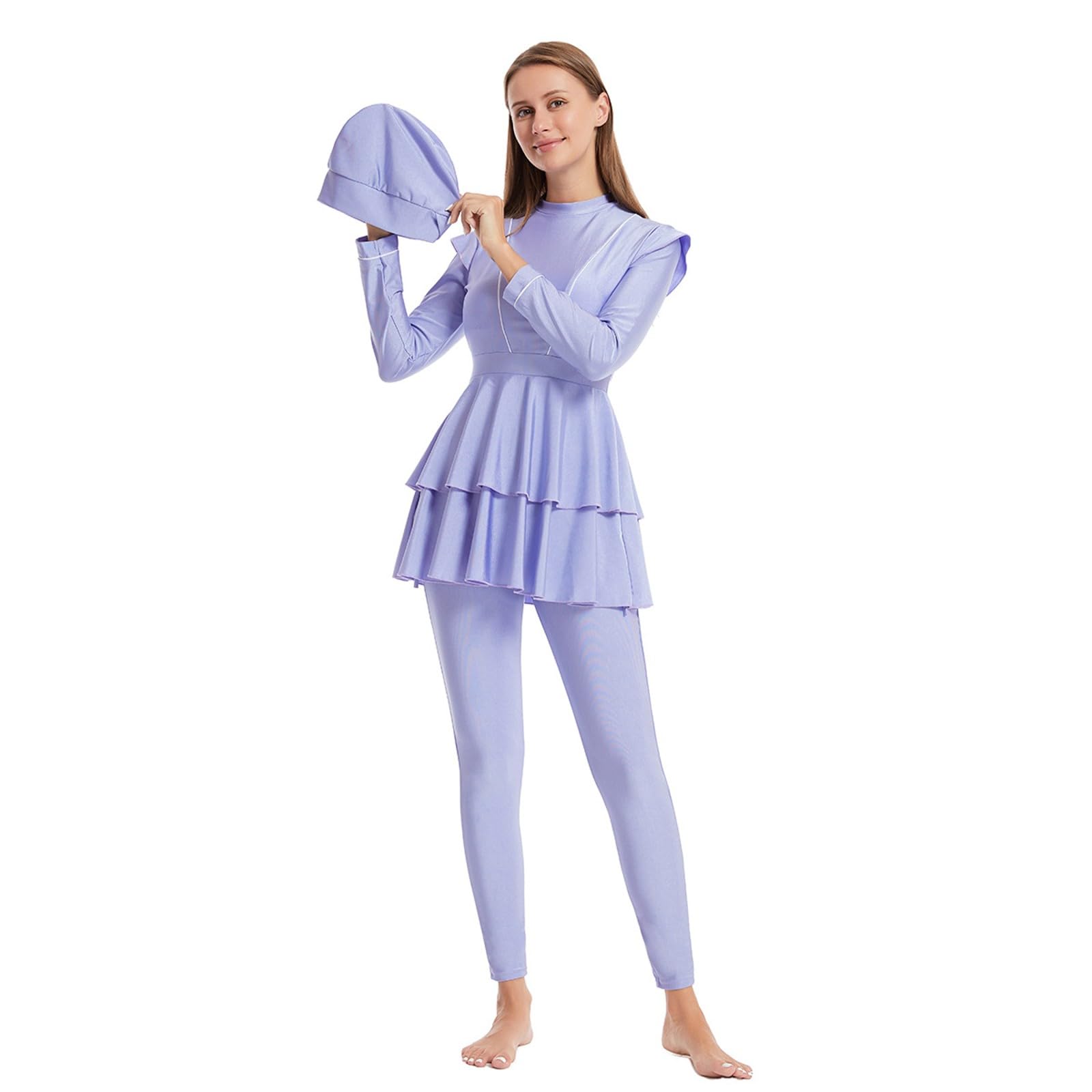 Generisch Conjunto de traje de baño de manga larga para mujer con gorro de natación y bañador a juego para nadar en la playa
