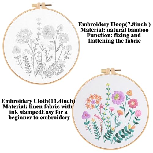 Image of GLTAYLMY 3 Pack Embroidery Starter Kit for Beginners Stamped Cross Stitch Kits with Cute Flowers and Plants Patterns with 1 Embroidery Hoop and Color Threads for Adults