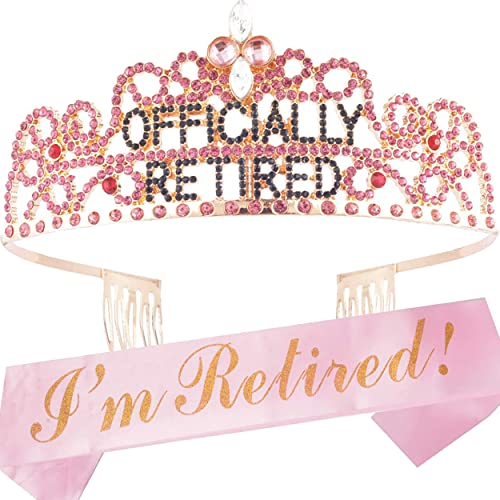 MEANT2TOBE Retirement Decorations Party Sash and Crown for Women - Fabulous Set: Glitter Sash + Pink Rhinestone Premium Metal Tiara - Gift for Her