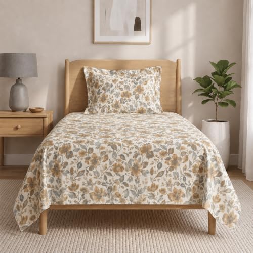 Image of LANE LINEN 100% Cotton Printed Single Size Bedsheet - Mustard Grey | OEKO-Tex Certified, Botanical Print, Fade-Resistant & Wrinkle-Free, Breathable Cotton, Includes 1 Pillow Cover