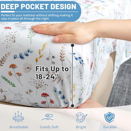 Bedlifes King Size Extra Deep Pocket Sheet Sets - Fits Mattresses Up to 18-24" Thick, 4-Piece Microfiber Set with 1800 Thread Count, Soft, Smooth, Breathable, Featuring White Floral
