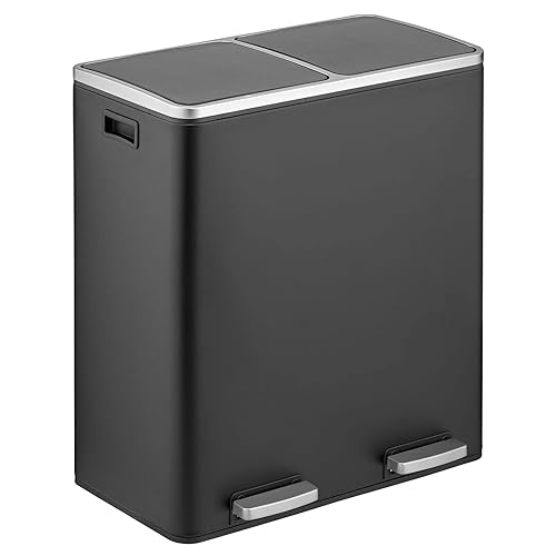 mDesign Cubo de basura grande de acero de metal de 16 galones60 litros cubo de basura doble y reciclador para cocina soporta basura reciclaje cuenta