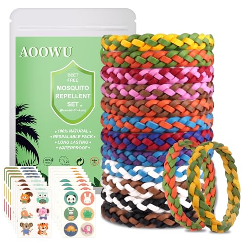 AOOWU 12 Pezzi Braccialetto Repellente per Zanzare, 72 Pezzi Cerotti Antizanzare Bambini, Regolabile Bracciale Mosquitoes in Pelle, Senza DEET, per Adulti e Bambini, per Attività All'aperto e Viaggi