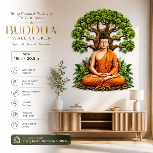Image of Rangoli Buddha Wall Sticker Self-Adhesive 16 x 20.5 Inch Waterproof Wall Decor for Living Room Bedroom Office Meditation Buddha Tree Wall Decal