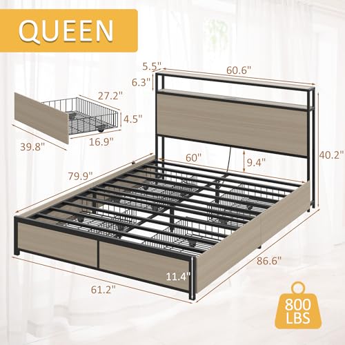 Image of Lifezone Queen Bed Frame with 2-Tier Storage Headboard, Metal Platform Bed Frame with 4 Storage Drawers, Built in Charging Station & LED, Noise-Free /Metal Support /No Box Spring Needed, Beige