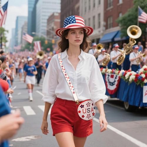 Image of 4th of July Purse for Women Sequin Beaded USA Star Purse American Flag Crossbody Shoulder Bag 4th of July Outfits