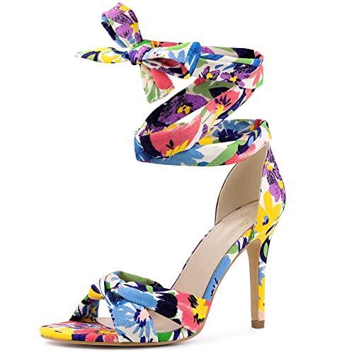 Perphy Floral Print Twist Lace Up Stiletto Heels Sandals for Women