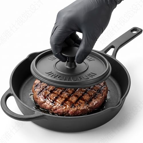 JINCHUFURI Cast Iron Skillet Set with Burger Press, 10.25 inches Pre-Seasoned Frying Pan & 8 Inch Grooved Smash Burger Press, Heavy Duty Cast Iron Grill Press for Bacon