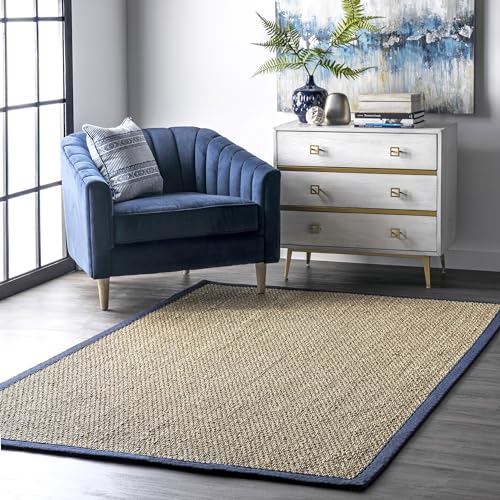 nuLOOM 3x5 Elijah Seagrass Area Rug, Navy, Solid Farmhouse Style, Cotton Bordered, Basketweave, Natural Fiber, For Bedroom, Dining Room, Living Room, Hallway, Office, Kitchen, Entryway