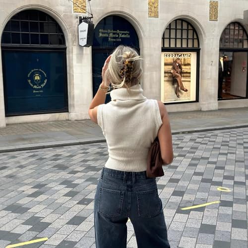 FindThy Women’s Turtleneck Sweater Vest Trendy Sleeveless Ribbed Knit Solid Color Cropped Pullover Tank Tops4