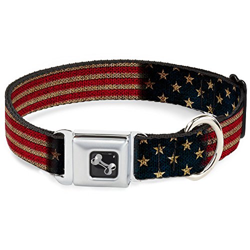 Dog Collar Seatbelt Buckle Vintage US Flag Stretch 18 to 32 Inches 1.5