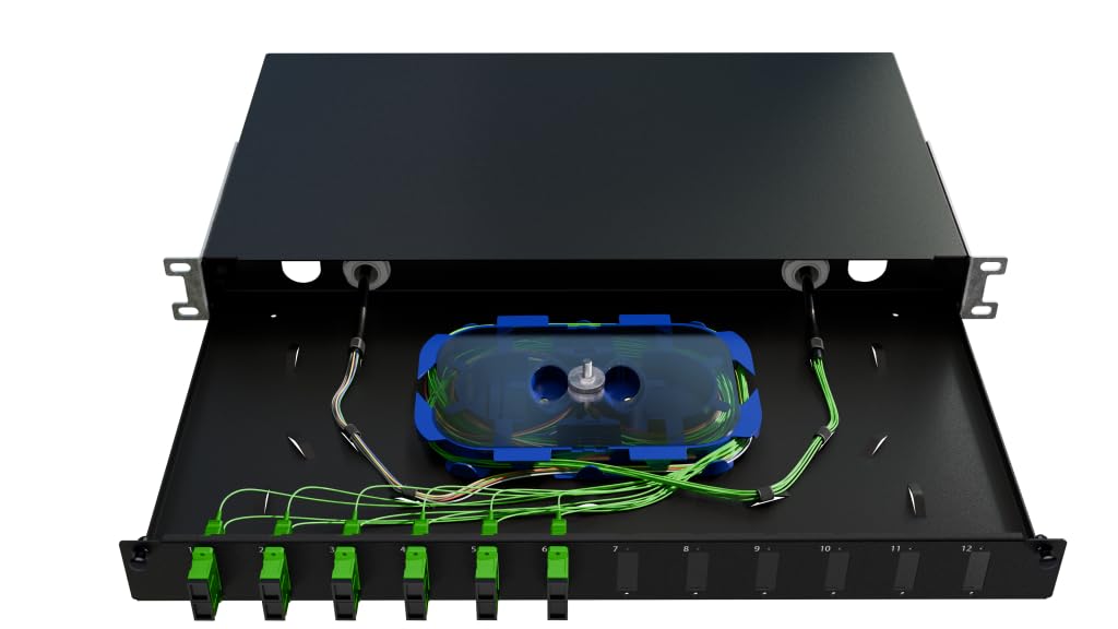 Rack Montage Glasfaser Anschlussdose Verteilerkasten ECO 19 Zoll 1U 12x Duplex LC/PC - Einfache Organisation von Glasfaserkabeln - Aus Stahl - Ideal für den Netzwerkschrank