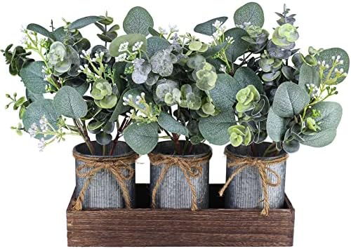 Set of 3 Farmhouse Galvanized Metal Pots Centerpiece Artificial S...
