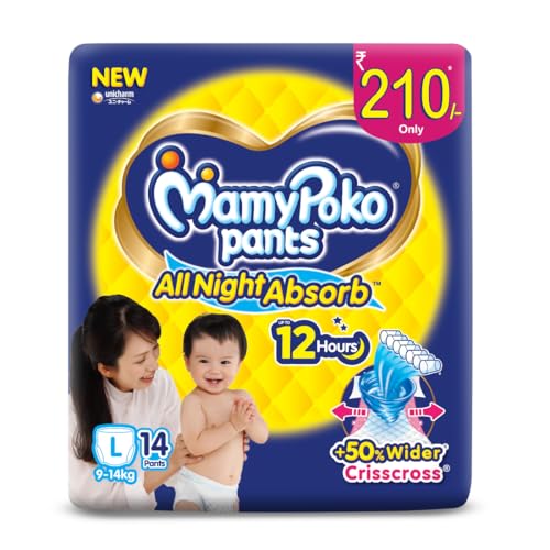 Image of MamyPoko Pants All Night Absorb Baby Diapers, Large (L), 14 Count 9-14 kg