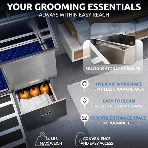 Image of KANIS Professional Dog Washing Station 304 Stainless Steel Pet Wash Sink & Grooming Bathtub w /Shower, Floor Grates and Storage for Large, Medium & Small Pets (Silver, 40 Inches, Left Ramp, 1 Drawer)