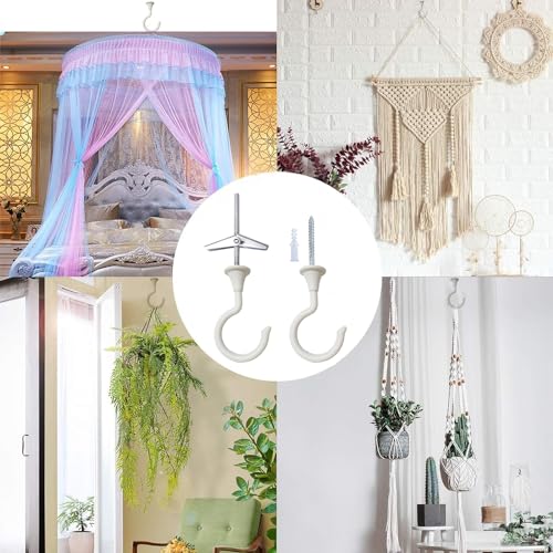 Image of Large Swag Ceiling Hooks Heavy Duty Swag Hook 2 Sets 2.4''with Hardware for Hanging Plants Ceiling Installation Cavity Wall Fixing (2 Sets, White，Large)