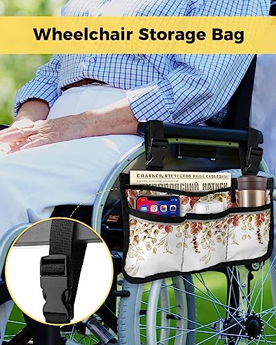Eucalyptus Leaves Fall Wheelchair Side Bag Walker Bag, Autumn Leaf Botanical Wheelchair Accessories Armrest Pouch, Organizer Storage Bag for Walkers, Rollators, Scooters, 7.3''x13''
