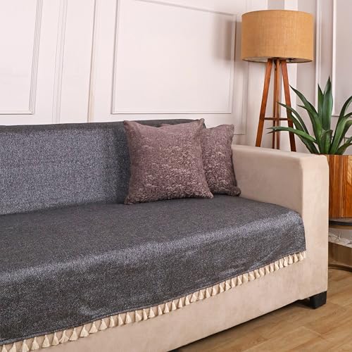 Image of STITCHNEST Jute Sofa Cover - Black, 70x60 Inch | Soft Textured Fabric with Tassel| Full Coverage Sofa for Living Room Decor