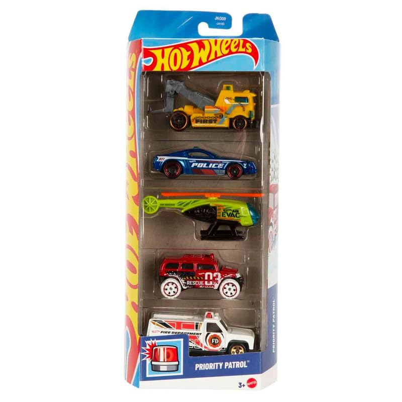 Image of Hot Wheels Car 2026 Priority Patrol Pack of 5 (HW Rapid Responder, Premiers Repondants, Heavy Hitcher, Ford Mustang GT Concept, Rockster) Multi - Color