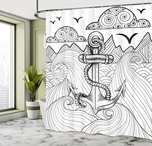 ABAKUHAUS Anchor Shower Curtain, Zentangle Style Ocean and Clouds Hand Drawn Arrangement Marine Theme - Image 4