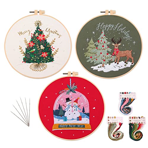 MeruniSkyBirds 3 Sets Embroidery Starter Kit with Christmas Pattern,Cross Stitch Set for Beginners, Full Range of Stamped Embroidery Kits with 3 Embroidery Pattern, Embroidery Hoops and Color Threads